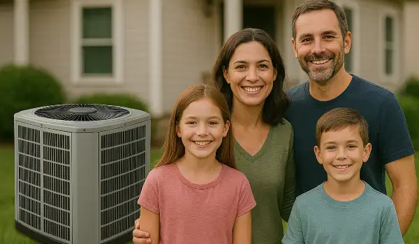 a family outside their house smiling at the camera with a new AC unit next to them