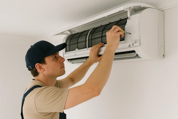 a male air conditioning technician checking a mini-split AC unit
