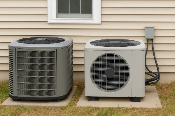 2 AC units outside a house on concrete slabs next to each other