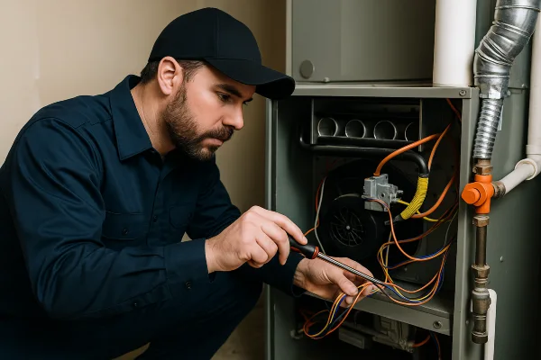 a male air conditioning technician checking furnace wiring