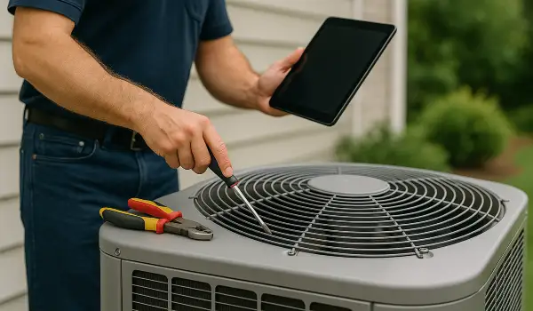 a male air conditioning technician testing an outdoor AC unit a male air conditioning technician testing an outdoor AC unit