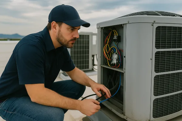 a male air conditioning technician checking a commercial AC unit on the roof of a building a male air conditioning technician checking a commercial AC unit on the roof of a building