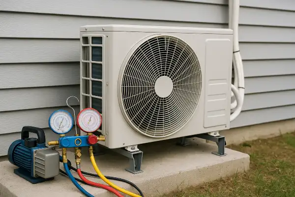 an outdoor AC unit with an AC manifold gauge next to it an outdoor AC unit with an AC manifold gauge next to it