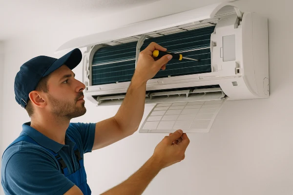 an air conditioning technician checking a mini-split AC an air conditioning technician checking a mini-split AC
