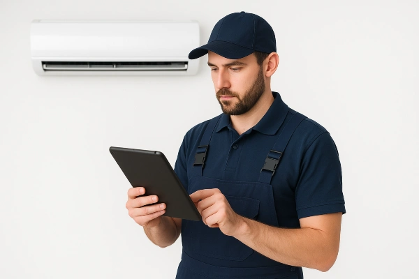 an air conditioning technician filling out a report on an iPad an air conditioning technician filling out a report on an iPad