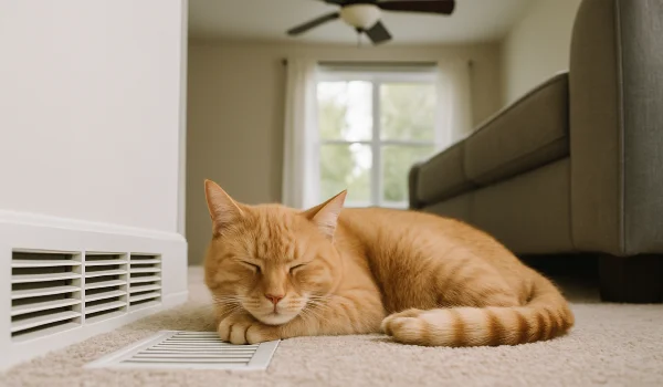 an orange cat lying on the carpet next to an AC vent
