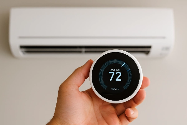 a hand holding a thermostat showing 72 degrees in cooling mode