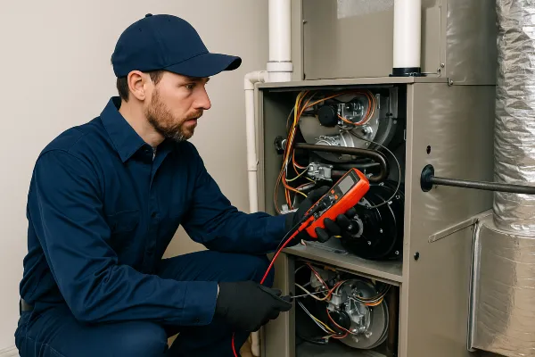 a male air conditioning technician using a current meter on a furnace unit