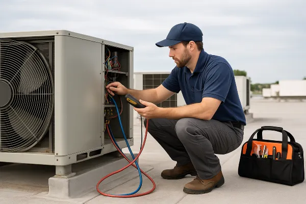 a male air conditioning technician on a roof checking an AC unit