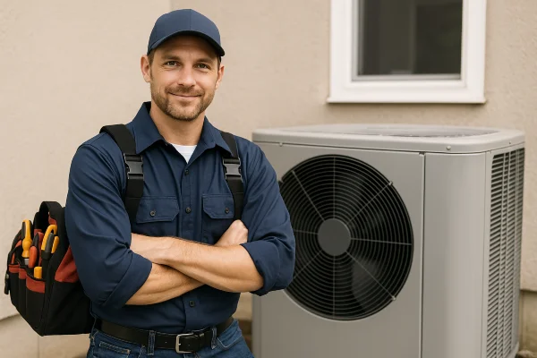 a male air conditioning technician with a tool bag smiling at the camera a male air conditioning technician with a tool bag smiling at the camera