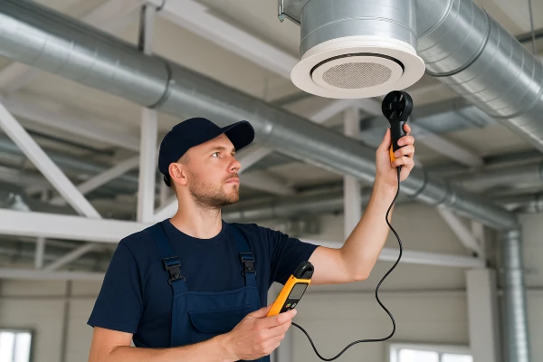 a male air conditioning technician measuring the temperature with a device a male air conditioning technician measuring the temperature with a device