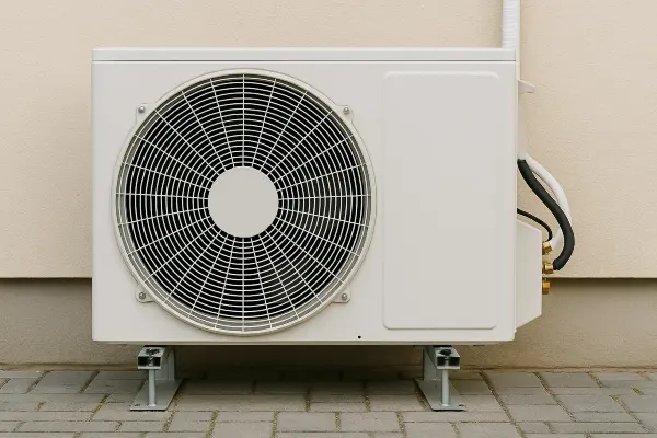a white AC unit outside a building a white AC unit outside a building