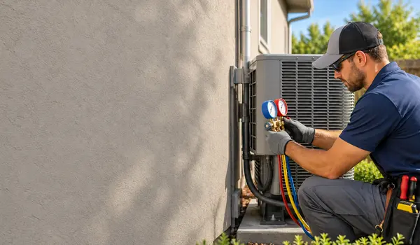 a male air conditioning technician testing an outdoor AC unit