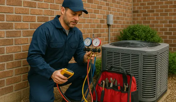 an air conditioning technician with his tools checking an outdoor AC unit