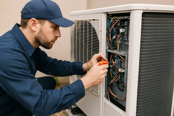 an air conditioning technician using a screwdriver to check the wires of an AC unit