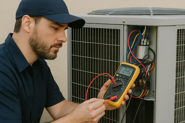 an air conditioning technician using an AC current meter