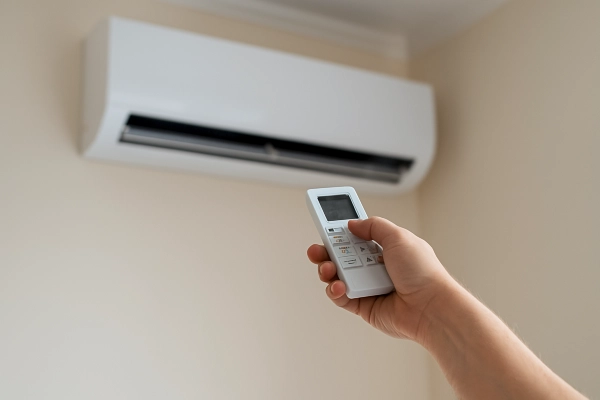the hand of a person using a remote to adjust the AC temperature