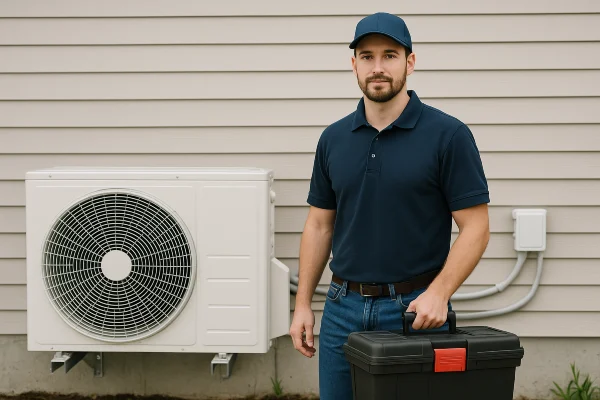 a male air conditioning technician looking straight at the camera a male air conditioning technician looking straight at the camera