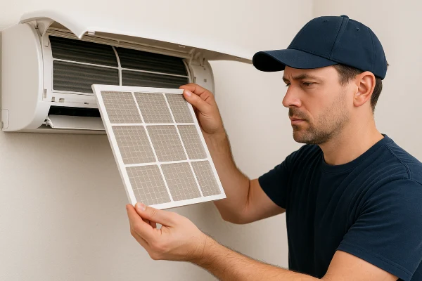 a male air conditioning technician replacing an AC filter a male air conditioning technician replacing an AC filter