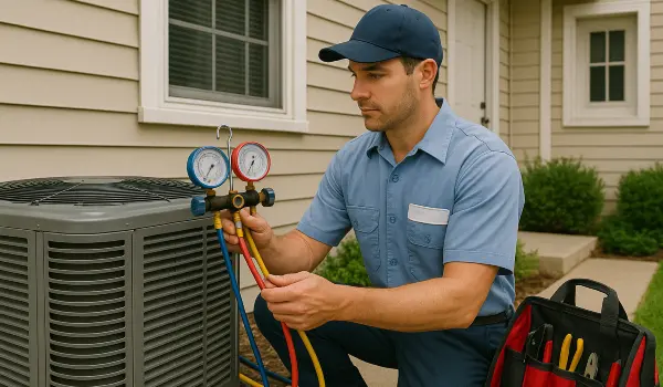 an air conditioning technician in uniform using a manifold gauge to test an AC unit
