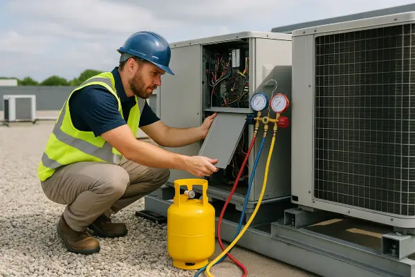 an air conditioning technician using a small freon tank to refill an AC unit