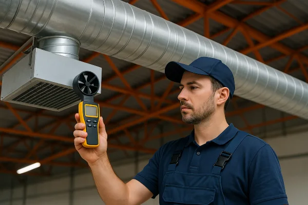 an air conditioning technician holding a wireless temperature meter to check the vent temperature