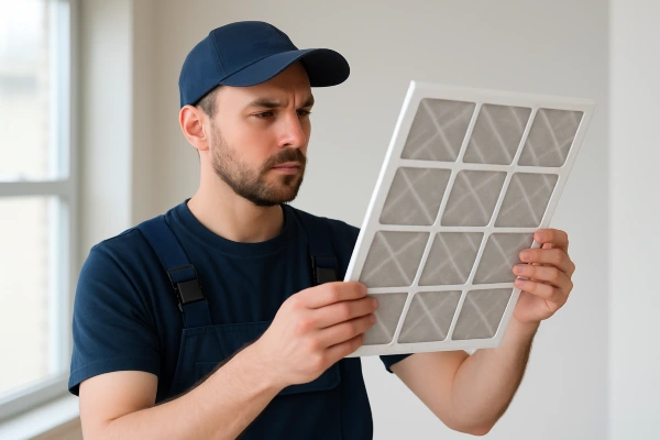 an air conditioning technician holding and checking an AC filter