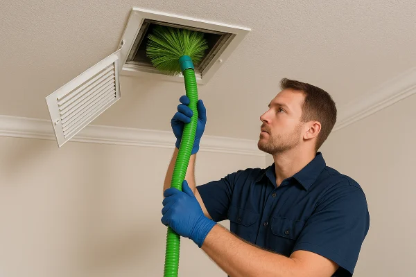 an air conditioning technician cleaning the ducts with a machine